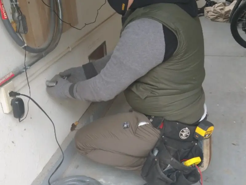Electrician performing outlet wiring in a Geddes garage